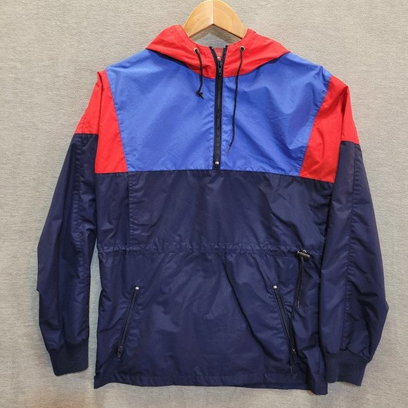 first team Jackets & Blazers - First Team Jacket VTG Windbreaker Hood Quarter Zip Color Block Blue Red